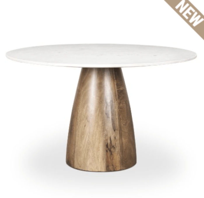Allyson 48" Round Brown Wood Pedestal w/ White Marble Top Dining Table